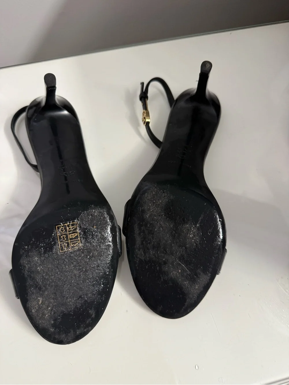 Tory Burch Black Leather Slingback Heels with Gold Trim